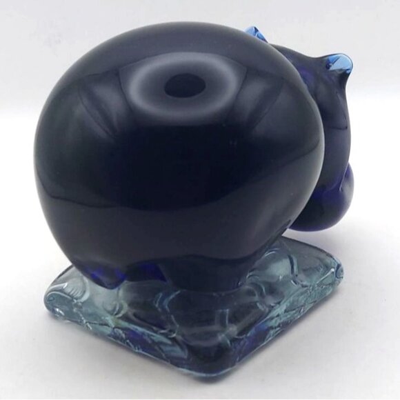 Vintage Dark Cobalt Blue Handblown Glass Hippo Bookend Paperweight Textured Base - Picture 4 of 6